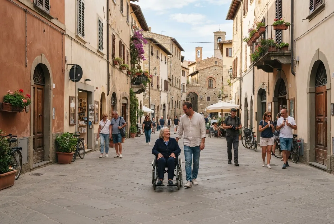 Scena illustrativa di un centro storico italiano, con visitatori di diverse età e una persona in sedia a rotelle