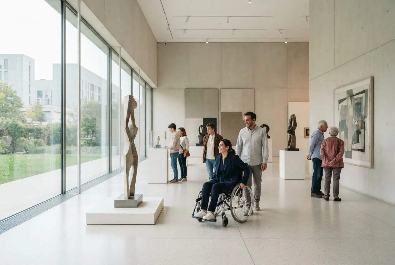 Scena illustrativa di visitatori in una galleria museale, con una persona in sedia a rotelle