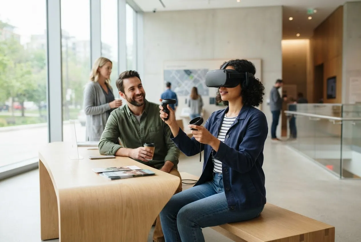 Immagine illustrativa: una visitatrice prova un visore VR in uno spazio culturale contemporaneo